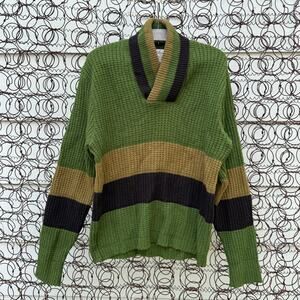 Vintage 1950s 1960s Catalina Green Gold Black Stripe Cowl V Neck Sweater LARGE